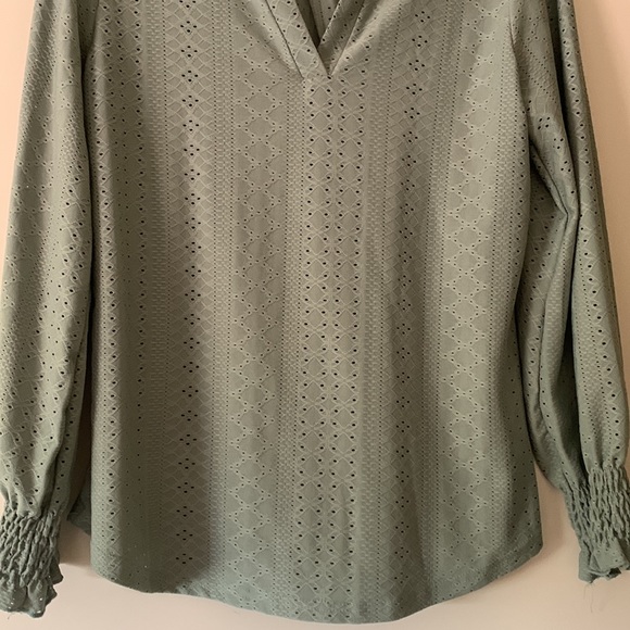 Hello Pink, Notched Flounce Sleeve Eyelet Top. Sage Green, easy flowing shirt - Picture 7 of 7